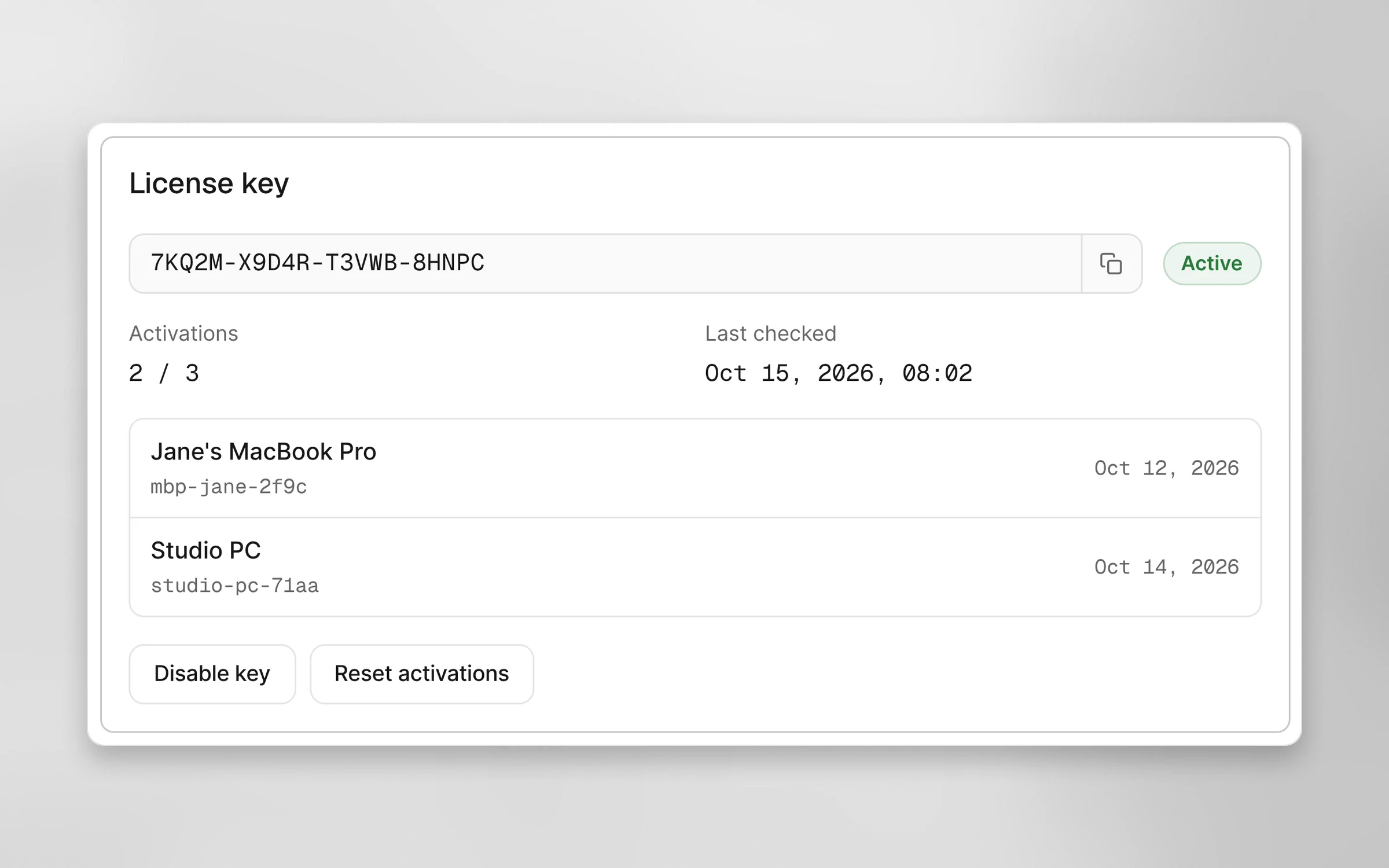 The License key card on an order: the buyer's key, its status and activations, with Disable key and Reset activations